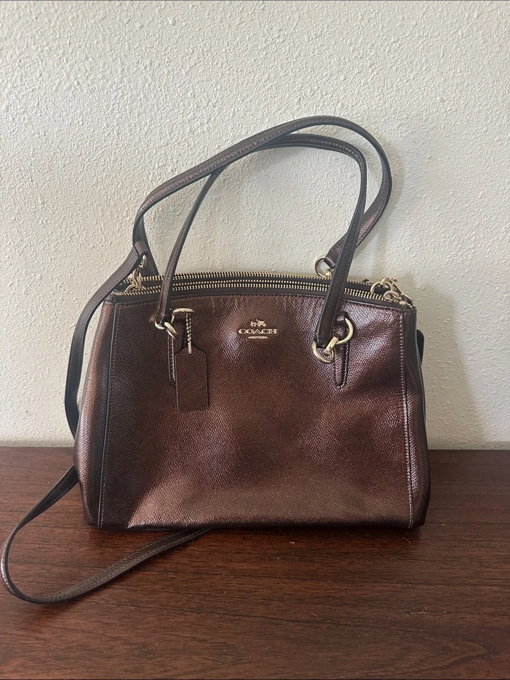 Coach Metallic Brown Leather Satchel with Gold Hardware